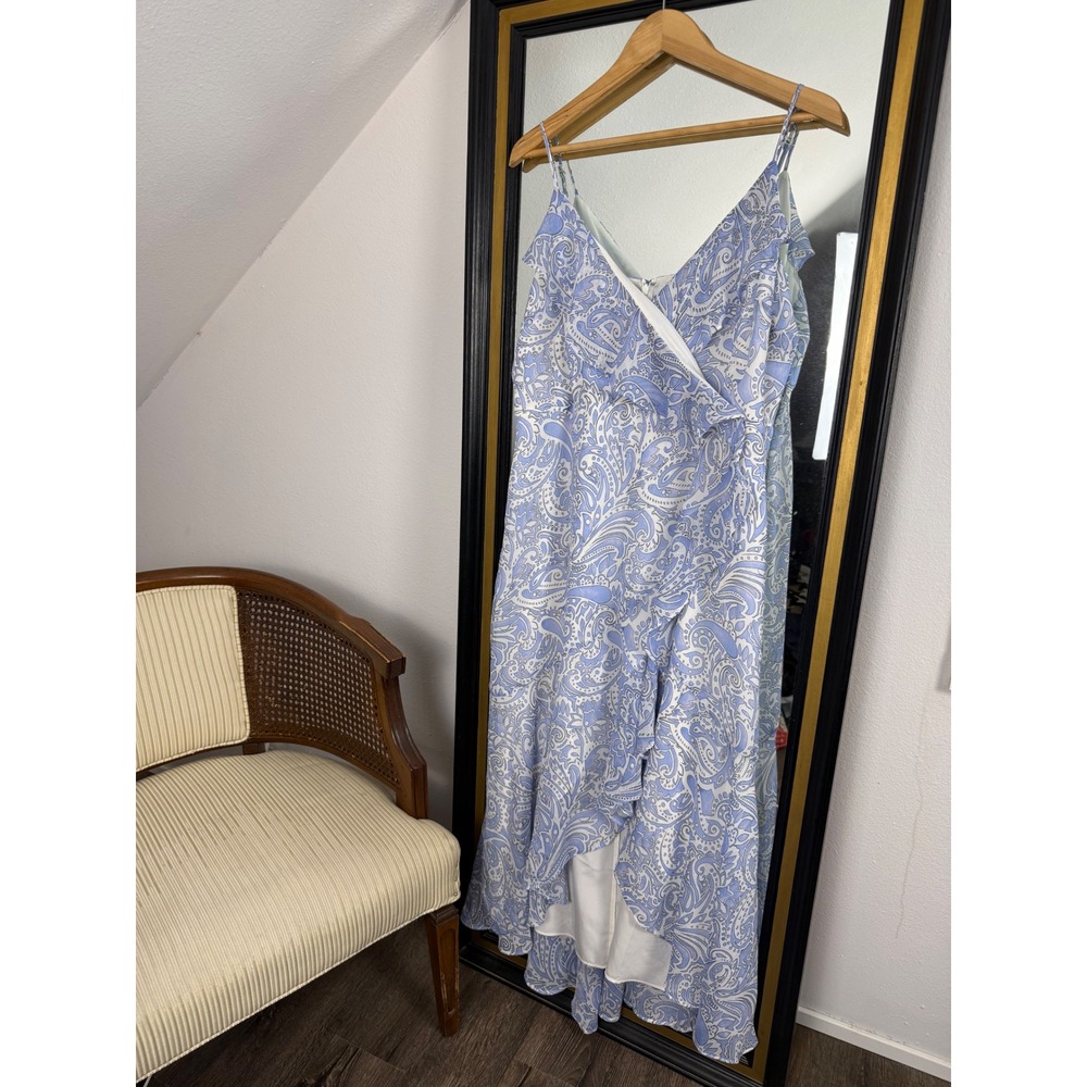 Express‎ Womens Blue White Paisley Ruffle Faux Wrap Maxi Dress XL